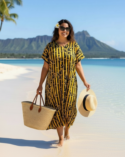 Round neck bamboo print long dress