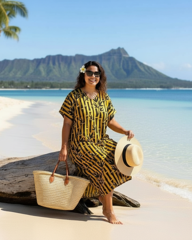 Round neck bamboo print long dress