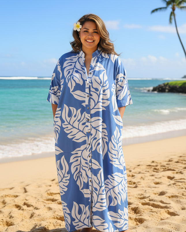 Rayon Long Shirt Dress - Orange & Blue  Leaf Print