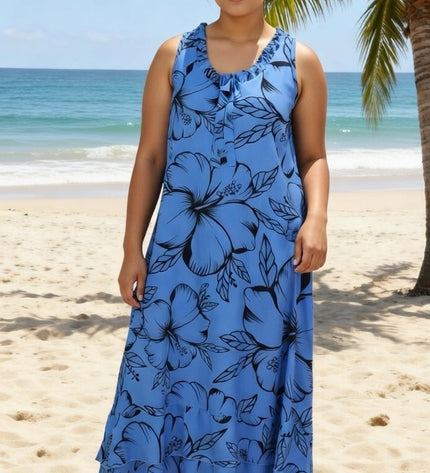 Blue Hibiscus Sleeveless Maxi Dress