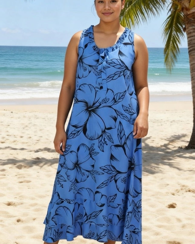 Blue Hibiscus Sleeveless Maxi Dress