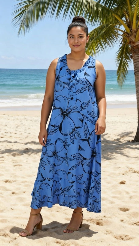 Blue Hibiscus Sleeveless Maxi Dress