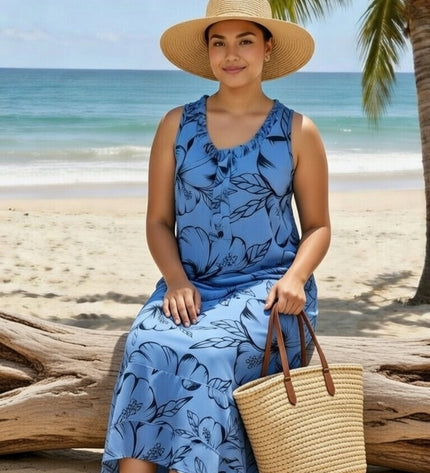 Blue Hibiscus Sleeveless Maxi Dress