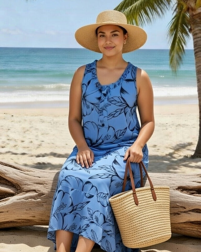 Blue Hibiscus Sleeveless Maxi Dress