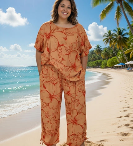 Two-Piece Hibiscus Lounge Set-Orange/Red