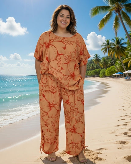 Two-Piece Hibiscus Lounge Set-Orange/Red