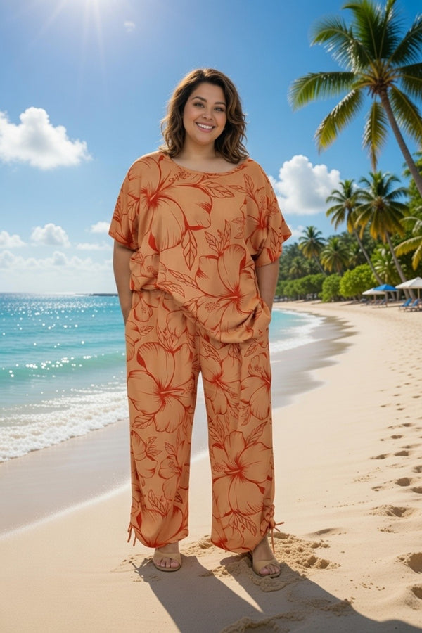 Two-Piece Hibiscus Lounge Set-Orange/Red