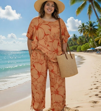 Two-Piece Hibiscus Lounge Set-Orange/Red
