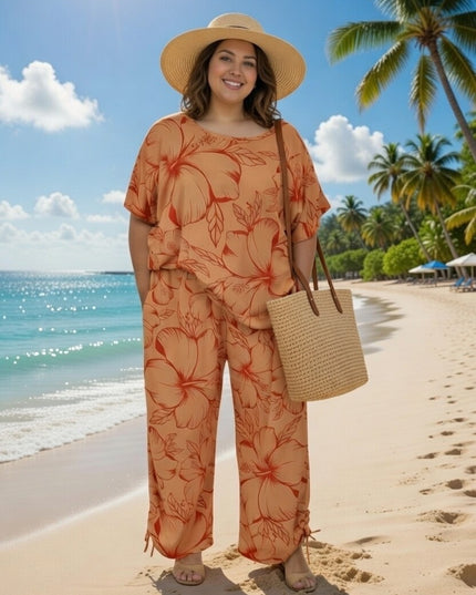 Two-Piece Hibiscus Lounge Set-Orange/Red