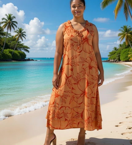 Island Bloom Maxi Dress - Orange & Red Hibiscus
