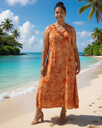 Island Bloom Maxi Dress - Orange & Red Hibiscus