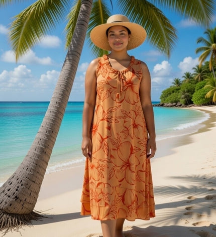 Island Bloom Maxi Dress - Orange & Red Hibiscus