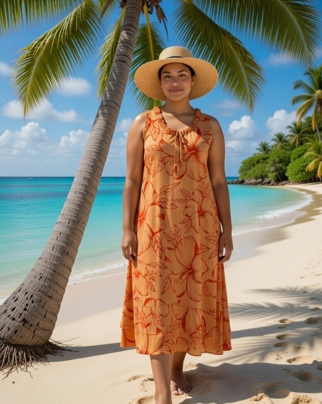 Island Bloom Maxi Dress - Orange & Red Hibiscus