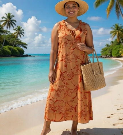 Island Bloom Maxi Dress - Orange & Red Hibiscus