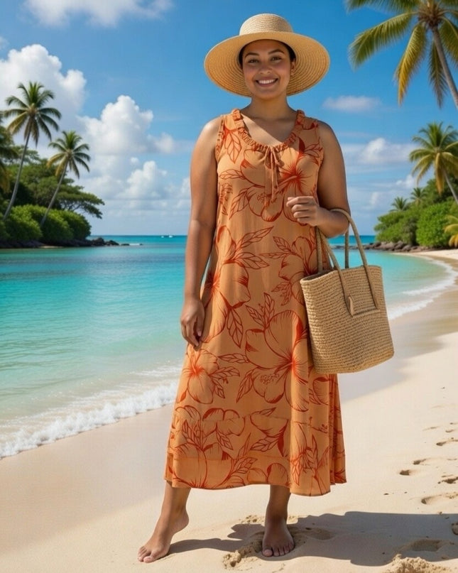 Island Bloom Maxi Dress - Orange & Red Hibiscus