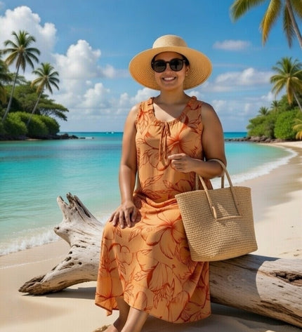 Island Bloom Maxi Dress - Orange & Red Hibiscus