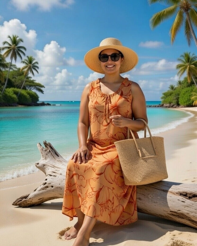 Island Bloom Maxi Dress - Orange & Red Hibiscus