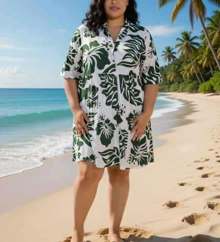 Rayon Short Dress - Green Hibiscus Print on White