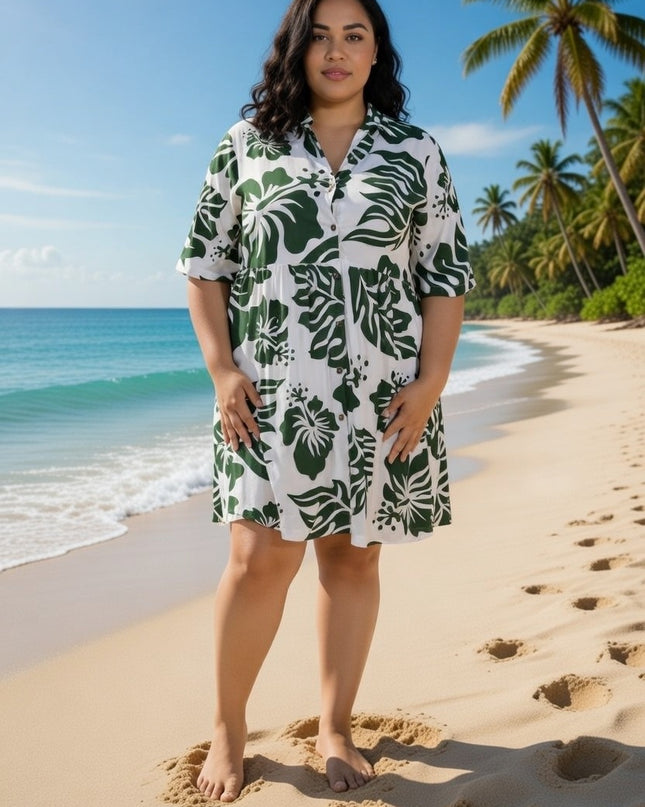 Rayon Short Dress - Green Hibiscus Print on White