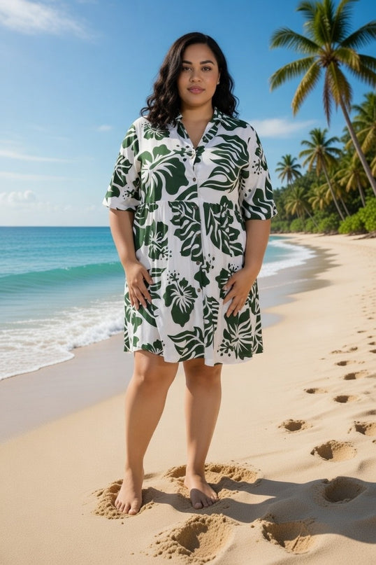 Rayon Short Dress - Green Hibiscus Print on White