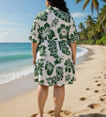 Rayon Short Dress - Green Hibiscus Print on White