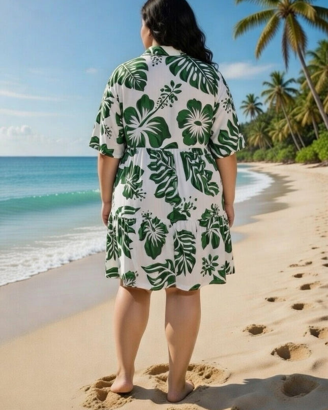 Rayon Short Dress - Green Hibiscus Print on White