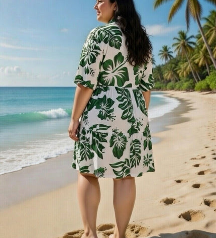 Rayon Short Dress - Green Hibiscus Print on White
