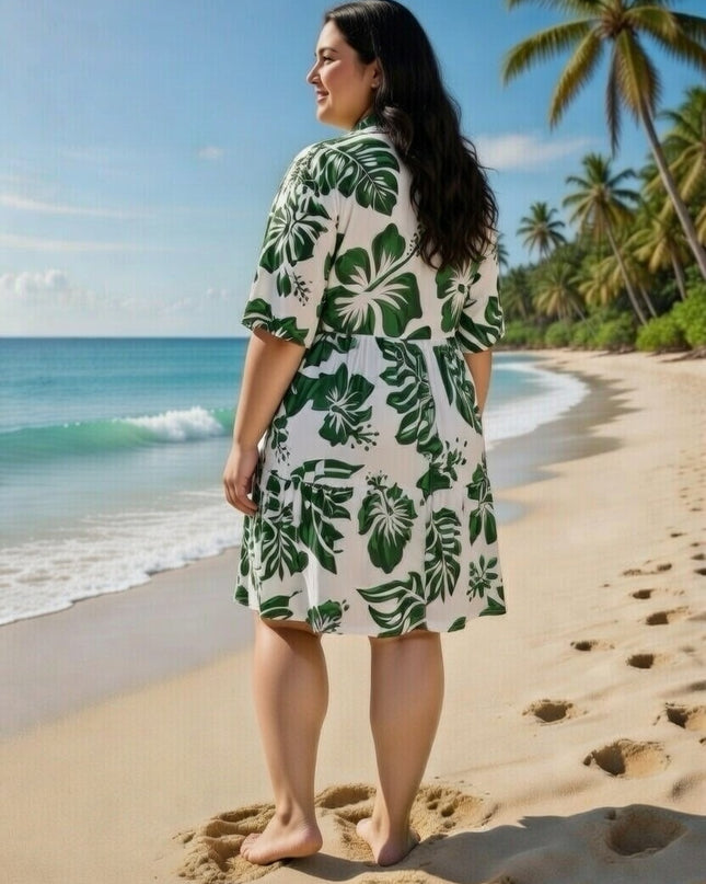 Rayon Short Dress - Green Hibiscus Print on White