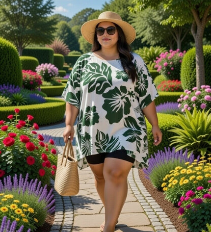 Rayon Poncho Top-Green Hibiscus Print on White