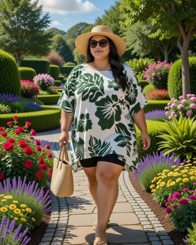 Rayon Poncho Top-Green Hibiscus Print on White