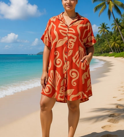 Rayon Short Shirt Dress - Red & Beige Island Print
