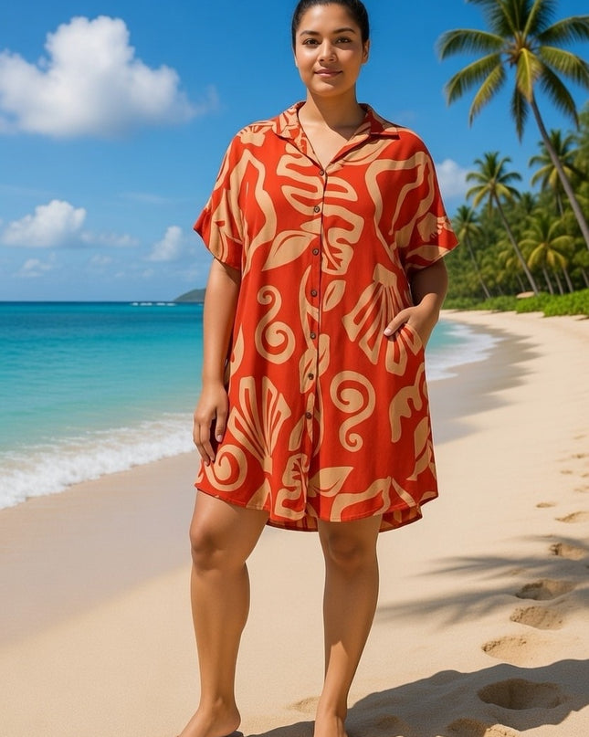 Rayon Short Shirt Dress - Red & Beige Island Print
