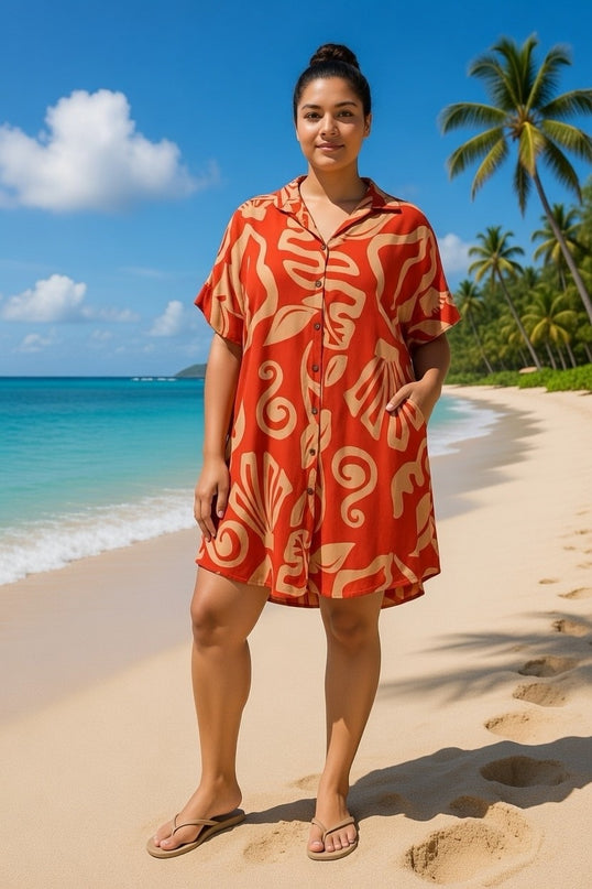 Rayon Short Shirt Dress - Red & Beige Island Print