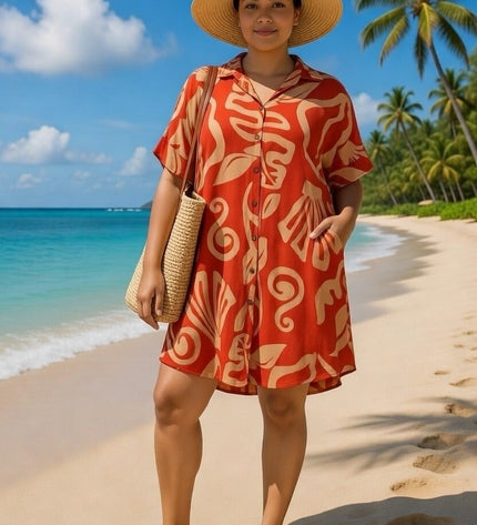 Rayon Short Shirt Dress - Red & Beige Island Print