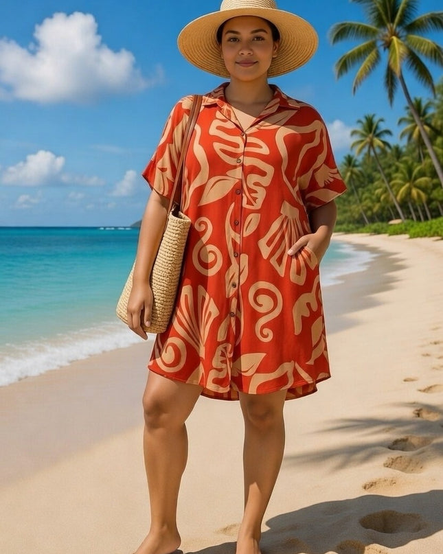 Rayon Short Shirt Dress - Red & Beige Island Print