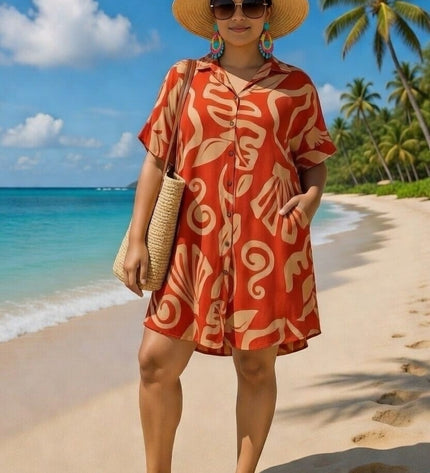 Rayon Short Shirt Dress - Red & Beige Island Print