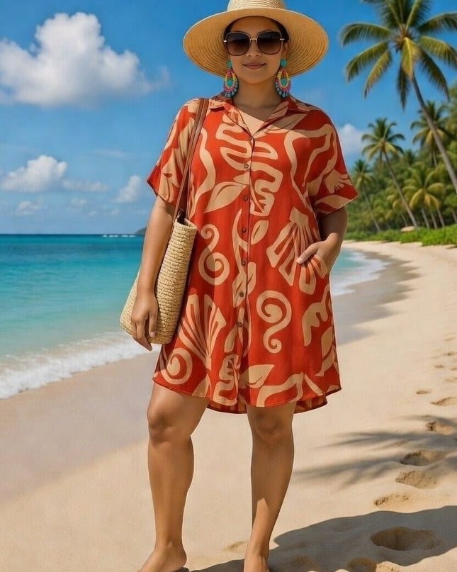 Rayon Short Shirt Dress - Red & Beige Island Print