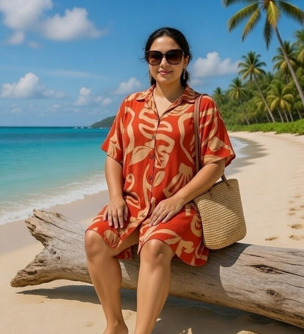 Rayon Short Shirt Dress - Red & Beige Island Print