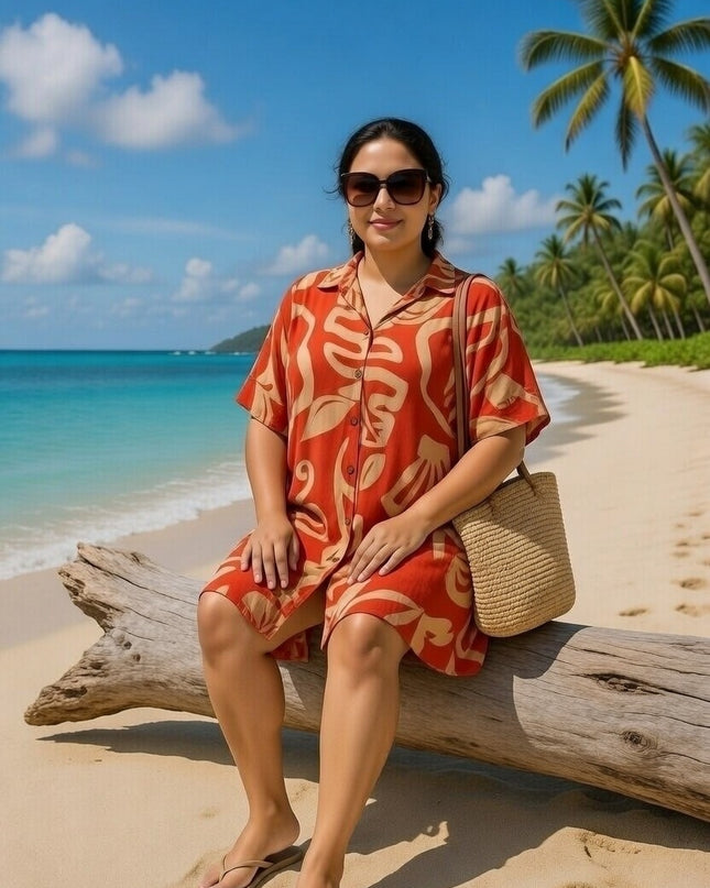 Rayon Short Shirt Dress - Red & Beige Island Print