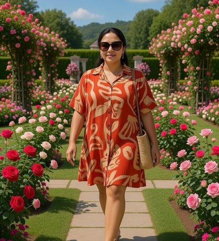 Rayon Short Shirt Dress - Red & Beige Island Print