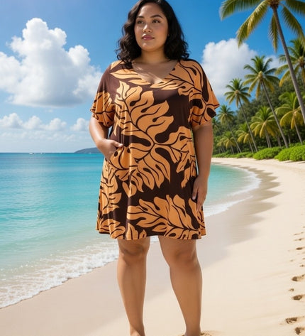 Rayon V-Neck Short Dress  Leaf Print
