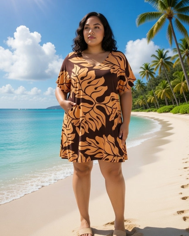 Rayon V-Neck Short Dress  Leaf Print