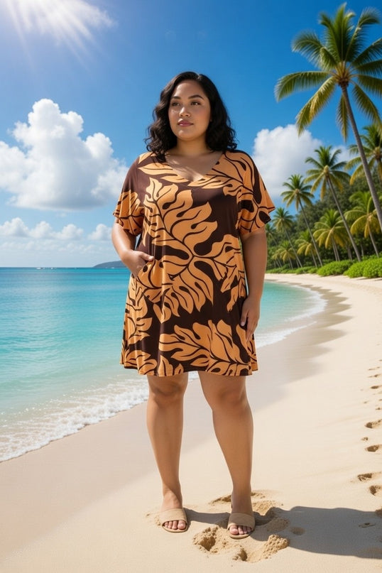 Rayon V-Neck Short Dress  Leaf Print