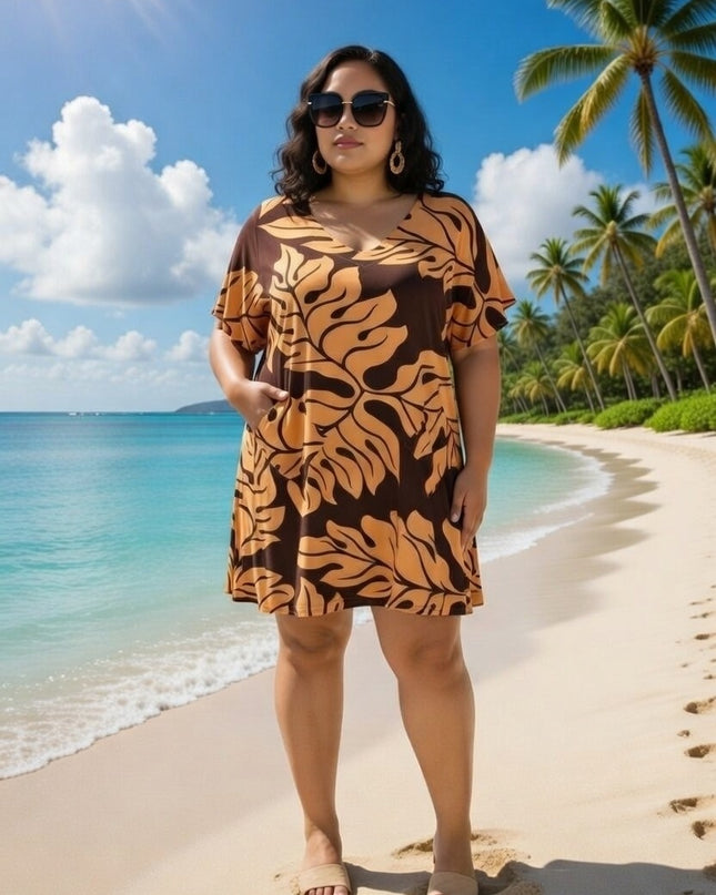 Rayon V-Neck Short Dress  Leaf Print