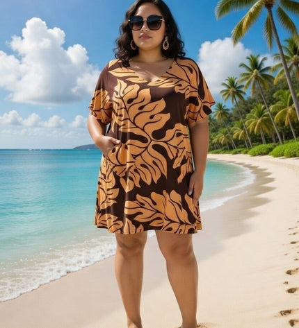 Rayon V-Neck Short Dress  Leaf Print