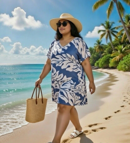 Rayon V-Neck Short Dress  Leaf Print