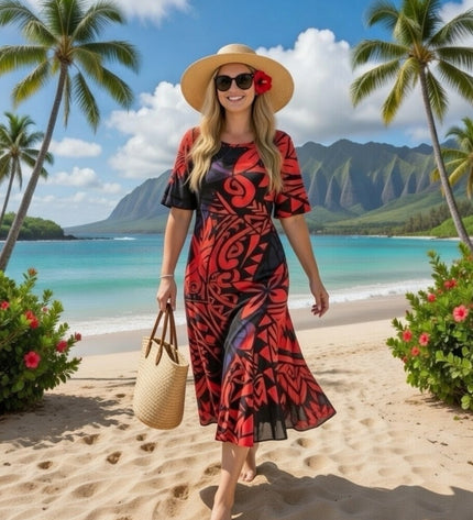Fishtail Polynesian Print Dress