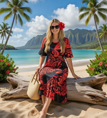 Fishtail Polynesian Print Dress