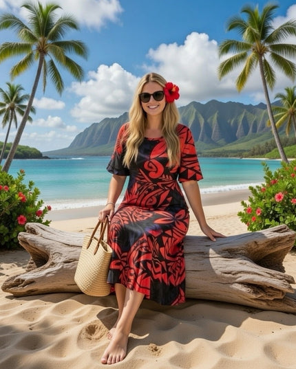 Fishtail Polynesian Print Dress