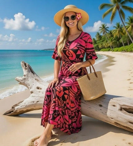 Fishtail Polynesian Print Dress